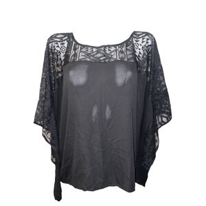 New ONE WORLD Top Women's Size M Black Lace Accent Short Sleeve Pullover Tunic